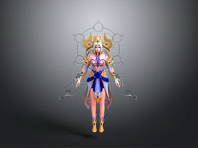 Fantasy Woman Character With Ornate Purple Blue Costume Golden Headdress And Halo Like Back Decoration 3d model