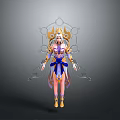 Fantasy Woman Character With Ornate Purple Blue Costume Golden Headdress And Halo Like Back Decoration