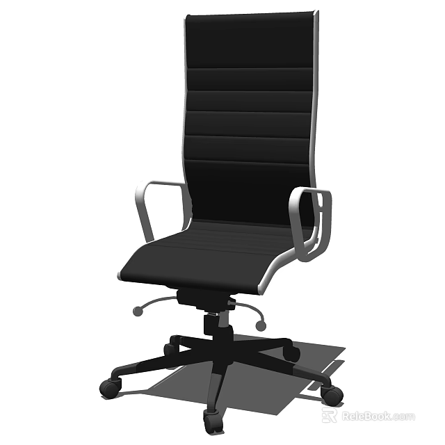 Black Leather Office Chair With High Back Silver Armrests And Wheels 3d model 