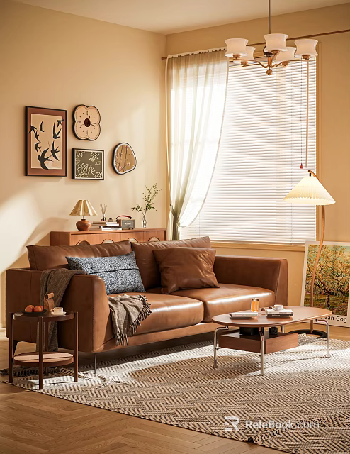 Cozy Modern Living Room With Brown Leather Sofa Throw Pillows Framed Art And Floor Lamp 3d model 