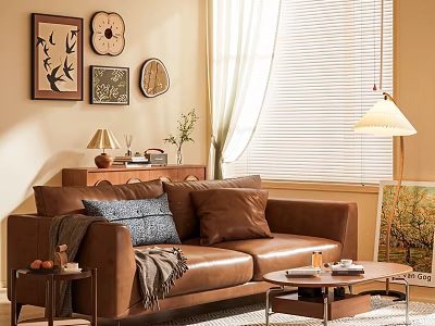 Cozy Modern Living Room With Brown Leather Sofa Throw Pillows Framed Art And Floor Lamp 3d model