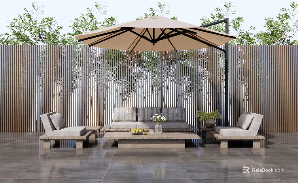 Outdoor Sofa Setup On Terrace With Umbrella Wooden Screen Coffee Table And Plants 3d model 