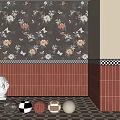 Red And White Checkered Floor Tiles In Interior With Floral Wallpaper And Red Tiled Wall
