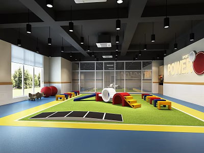Colorful Indoor Kids Fitness Area with Tunnel Slide Mats Green Yellow Flooring and POWER Wall Sign 3d model
