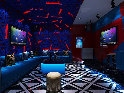 Modern KTV Room Interior With Blue Sofas Multiple Screens Colorful Lighting And Geometric Floor 3d model