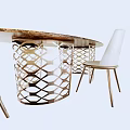 Contemporary Oval Dining Table Set Featuring Marble Top Geometric Metal Base White Padded Chairs 3d model
