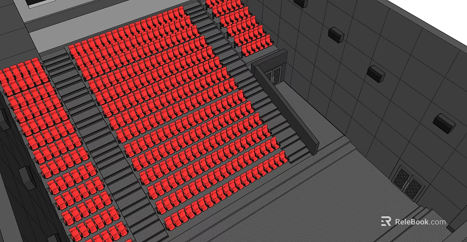 Modern Cinema Auditorium Interior Design With Rows Of Red Seats And Staircase 3d model 