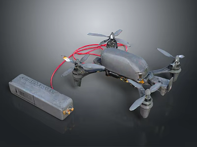 Black Drone With Four Propellers Detachable Battery And Red Power Cables 3d model