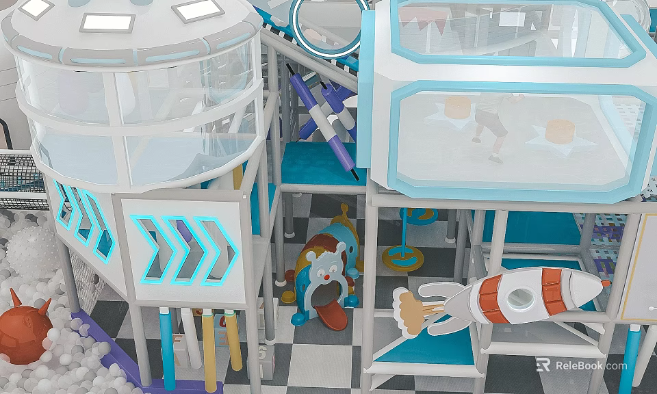 Colorful Multi Level Playground Equipment With Transparent Panels Slides And Climbing Structures 3d model