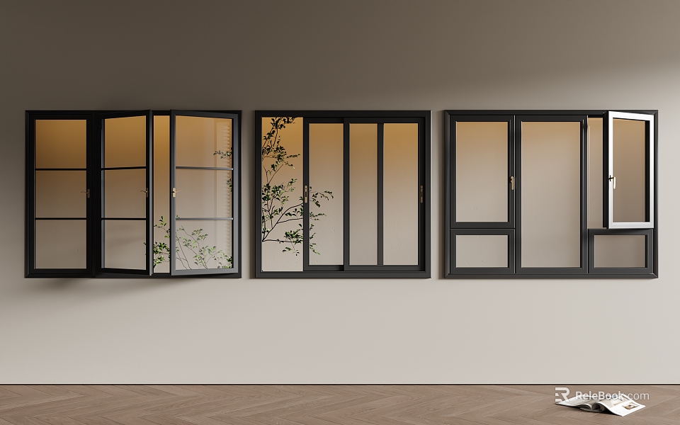 Black Frame Casement Windows Modern Glass Panels Open Design With Green Plant View 3d model 