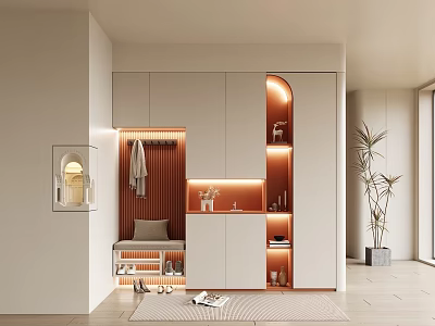 Modern Entryway Hallway Design With White Cabinets Warm Lighting Shoe Shelf And Potted Plant 3d model