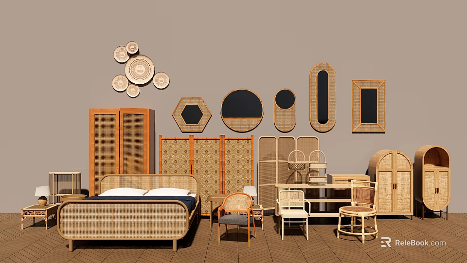 Natural Wicker And Wooden Furniture Collection With Bed Cabinets Chairs Mirrors And Wall Decor 3d model 