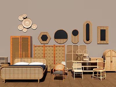 Natural Wicker And Wooden Furniture Collection With Bed Cabinets Chairs Mirrors And Wall Decor 3d model