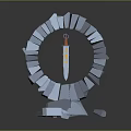 Gray Block Ring Structure With Central Sword Red Hilt And Yellow Star Decorations