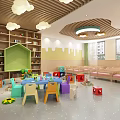 Bright Kindergarten Classroom with Cloud Shaped Lights Yellow Walls and White Round Tables
