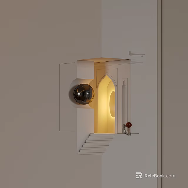 Modern Minimalist Wall Installation With Geometric Opening Staircase Black Sphere Yellow Light Red Object 3d model 