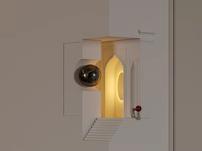 Modern Minimalist Wall Installation With Geometric Opening Staircase Black Sphere Yellow Light Red Object 3d model
