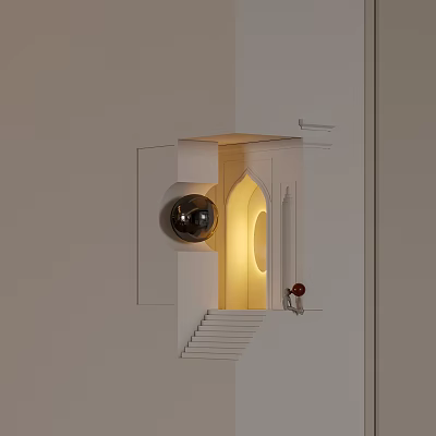 Modern Minimalist Wall Installation With Geometric Opening Staircase Black Sphere Yellow Light Red Object 3d model