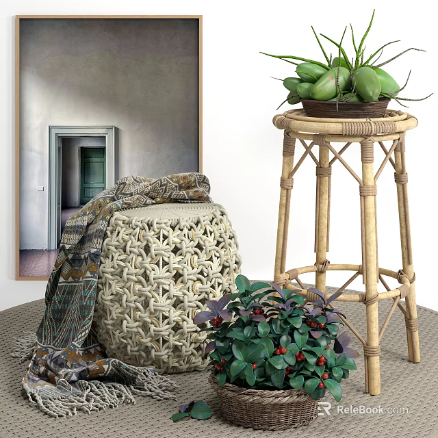 Indoor Rattan Round Stool With Blanket And High Stool Decorated By Green Plants 3d model 