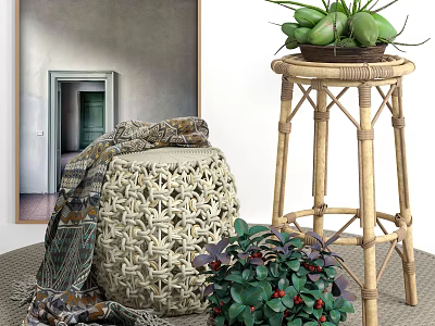 Indoor Rattan Round Stool With Blanket And High Stool Decorated By Green Plants 3d model