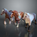 Three Colorful Toy Horse Figurines Standing On Reflective Surface