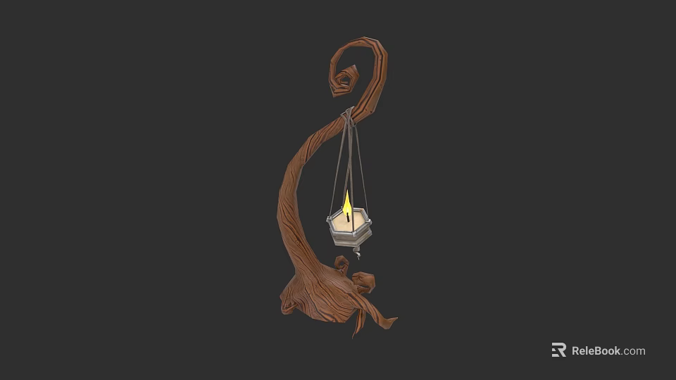 Artistic Wooden Sculpture Carved Curved Branch Structure With Hanging Lit Lantern 3d model 