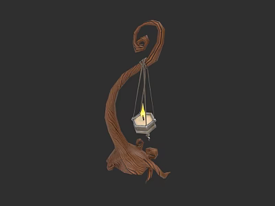 Artistic Wooden Sculpture Carved Curved Branch Structure With Hanging Lit Lantern 3d model