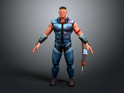 3D Muscular Male Character In Blue Armor With Red Armband Holding Weapon Standing Pose 3d model