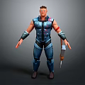3D Muscular Male Character In Blue Armor With Red Armband Holding Weapon Standing Pose