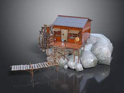 Wooden House with Water Wheel Built on Rocks and Wooden Bridge 3d model