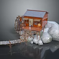 Wooden House with Water Wheel Built on Rocks and Wooden Bridge