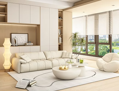 Modern Living Room Interior Design With White Sofa Round Coffee Table Floor Lamp And Bookshelves 3d model