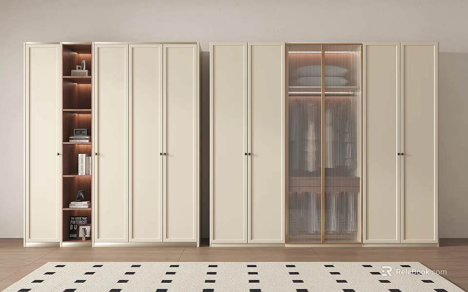 Modern Minimalist Combined Wardrobe With Glass And Wooden Doors Internal Storage Shelves 3d model 