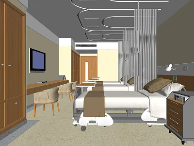 Hospital Room Interior With Bed Wooden Cabinets TV And Medical Furniture 3d model
