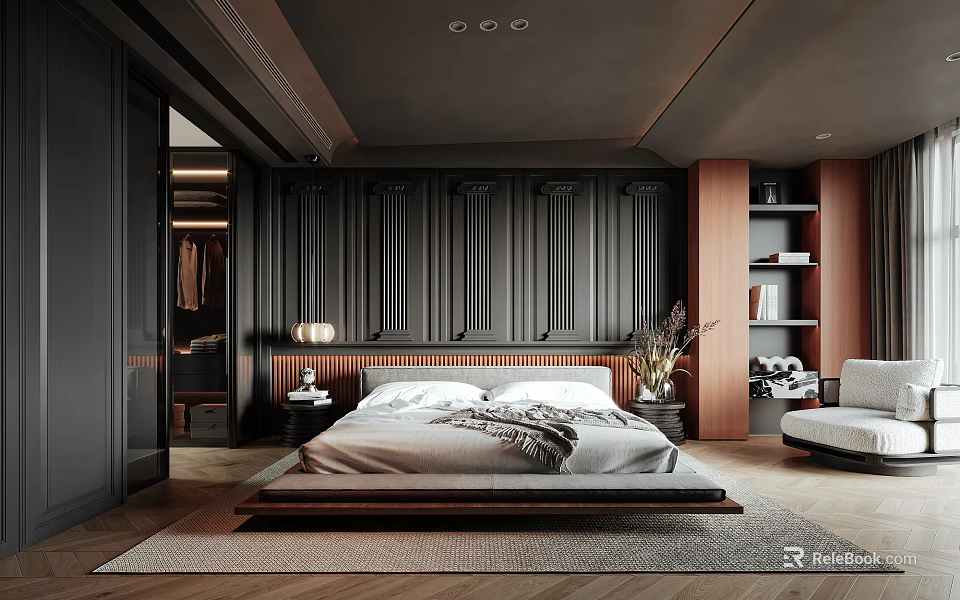 Modern Bedroom Interior With Dark Paneled Walls Wooden Bed Frame Shelves And Area Rug 3d model 