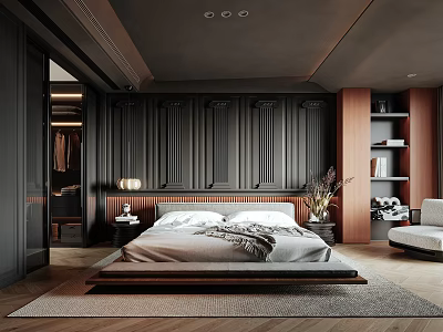 Modern Bedroom Interior With Dark Paneled Walls Wooden Bed Frame Shelves And Area Rug 3d model