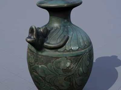 Teal Green Ceramic Vase With Intricate Carved Floral Patterns Decorative Handle And Classic Shape 3d model