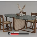 Elegant Oval Dining Table Set with Green Marble Top and Wooden Woven Chairs