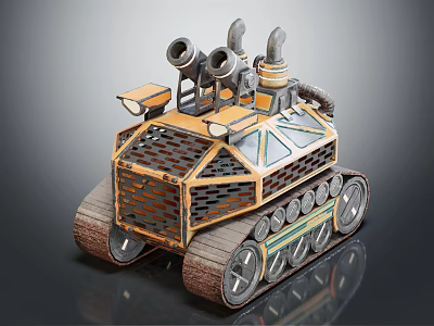 Military Vehicle With Tracked Wheels Multiple Cannons And Mesh Armored Design 3d model