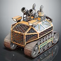 Military Vehicle With Tracked Wheels Multiple Cannons And Mesh Armored Design