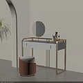 Modern Dressing Table Interior With Round Mirror White Drawers Gold Frame And Brown Stool 3d model