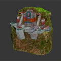3D Model Of Rock Structure With Green Mossy Surface Red Blue White Building And Platforms