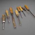 Old Worn Weapons With Wooden Handles And Metal Blades Collection
