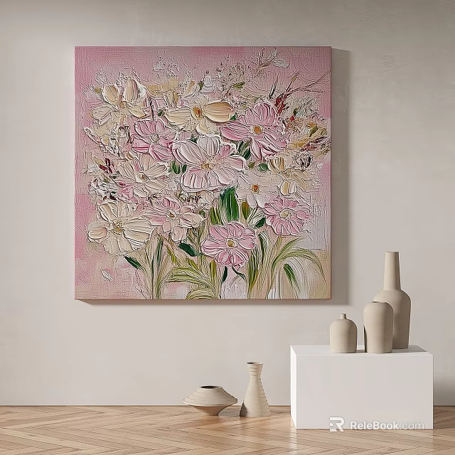 Textured Floral Oil Painting With Pink And White Flowers On Wall Near Vases 3d model 