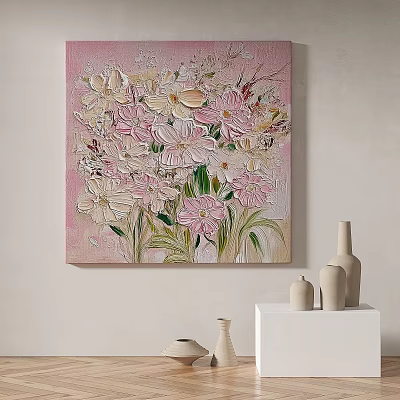 Textured Floral Oil Painting With Pink And White Flowers On Wall Near Vases 3d model