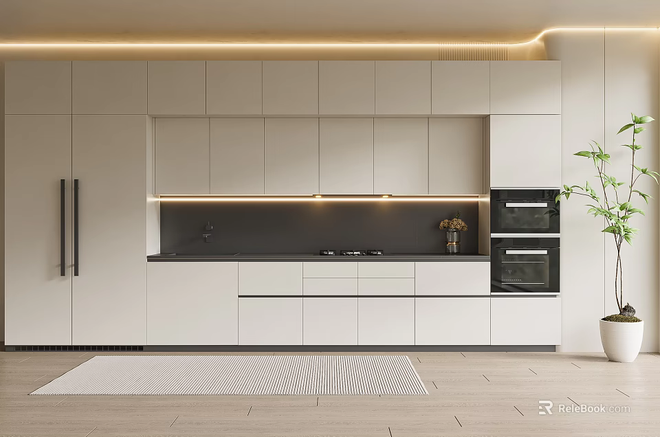 Modern White Kitchen Cabinets With Sleek Countertop Built In Oven And Warm Lighting 3d model 