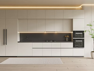 Modern White Kitchen Cabinets With Sleek Countertop Built In Oven And Warm Lighting 3d model