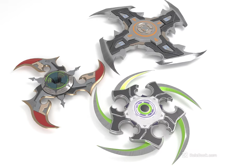 Shuriken Weapons With Three Different Designs Sharp Blades Metallic Finish And Color Accents 3d model 
