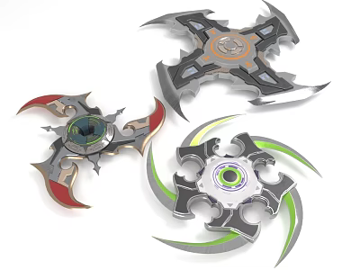 Shuriken Weapons With Three Different Designs Sharp Blades Metallic Finish And Color Accents 3d model