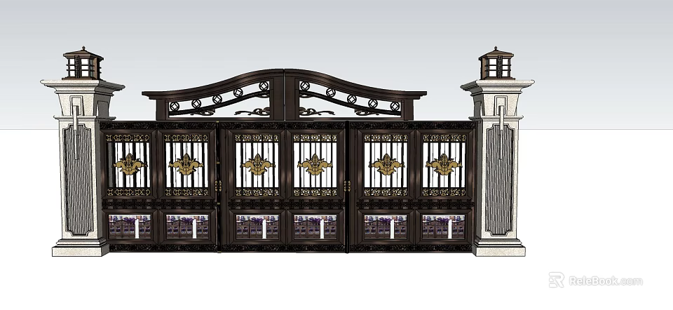 Ornate Wrought Iron Entrance Gate With Intricate Carvings Golden Accents And Side Lamp Post 3d model 